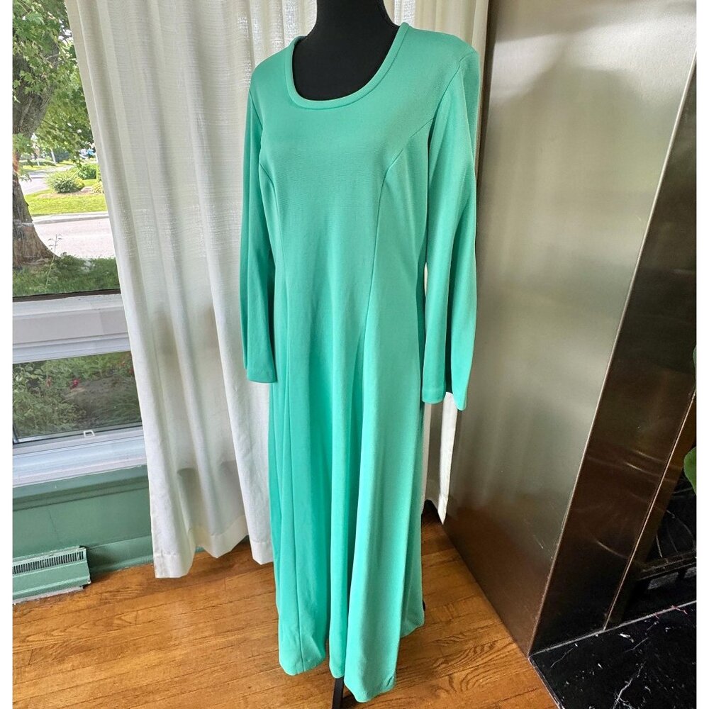Vintage 70s dress, aqua/mint, Mod maxi gown with bell sleeves, scoop neck